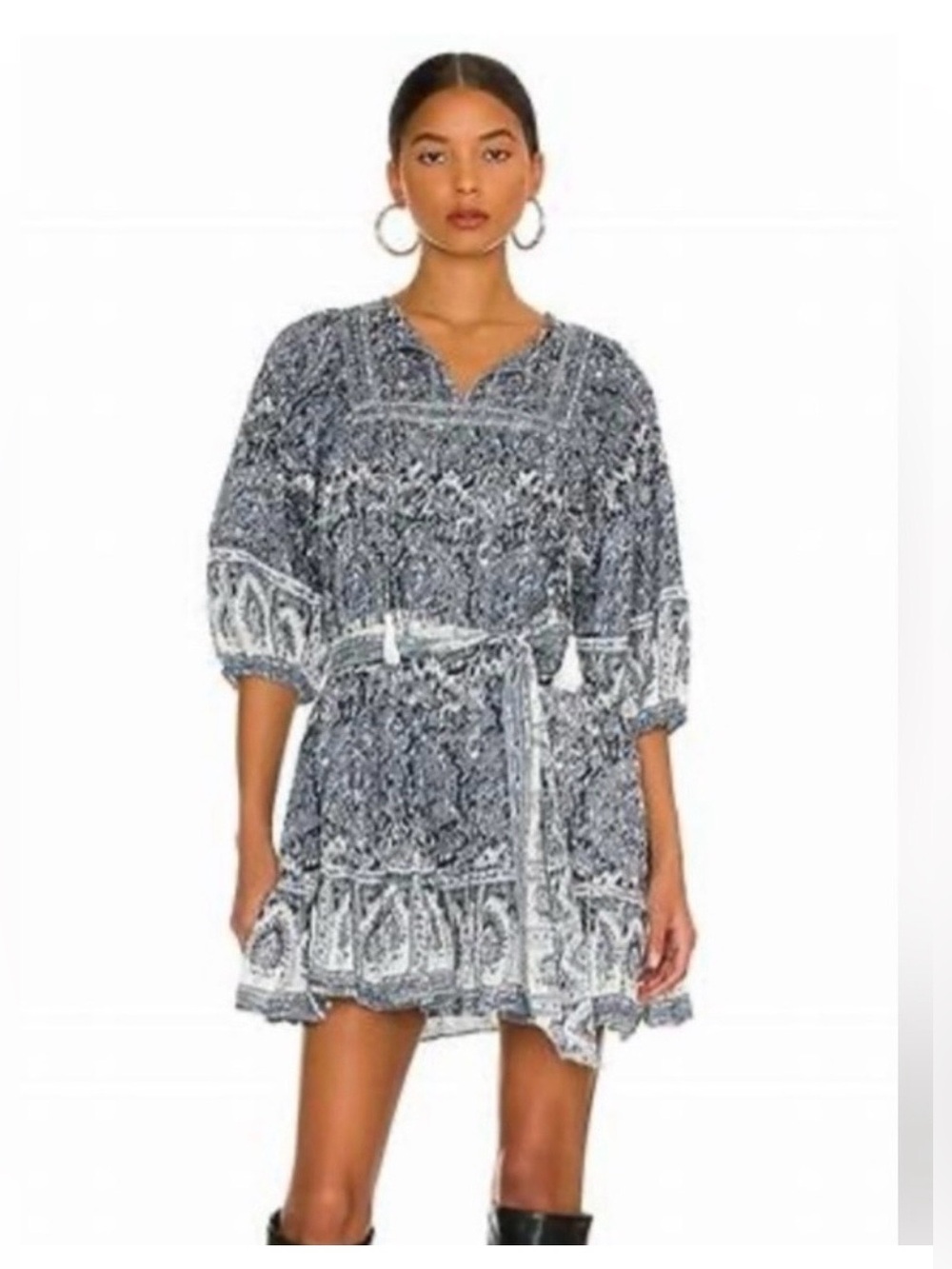 Cleobella Magdalena Black & White Printed Boho Mini Dress Size Medium